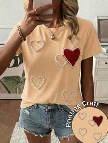 Camiseta Casual Blanca de Manga Corta y Cuello Redondo para Mujer con Adornos de Perlas y Corazón Rojo, Top de Tela Elástica de Poliéster a la Moda - Albaricoque - Ver 2
