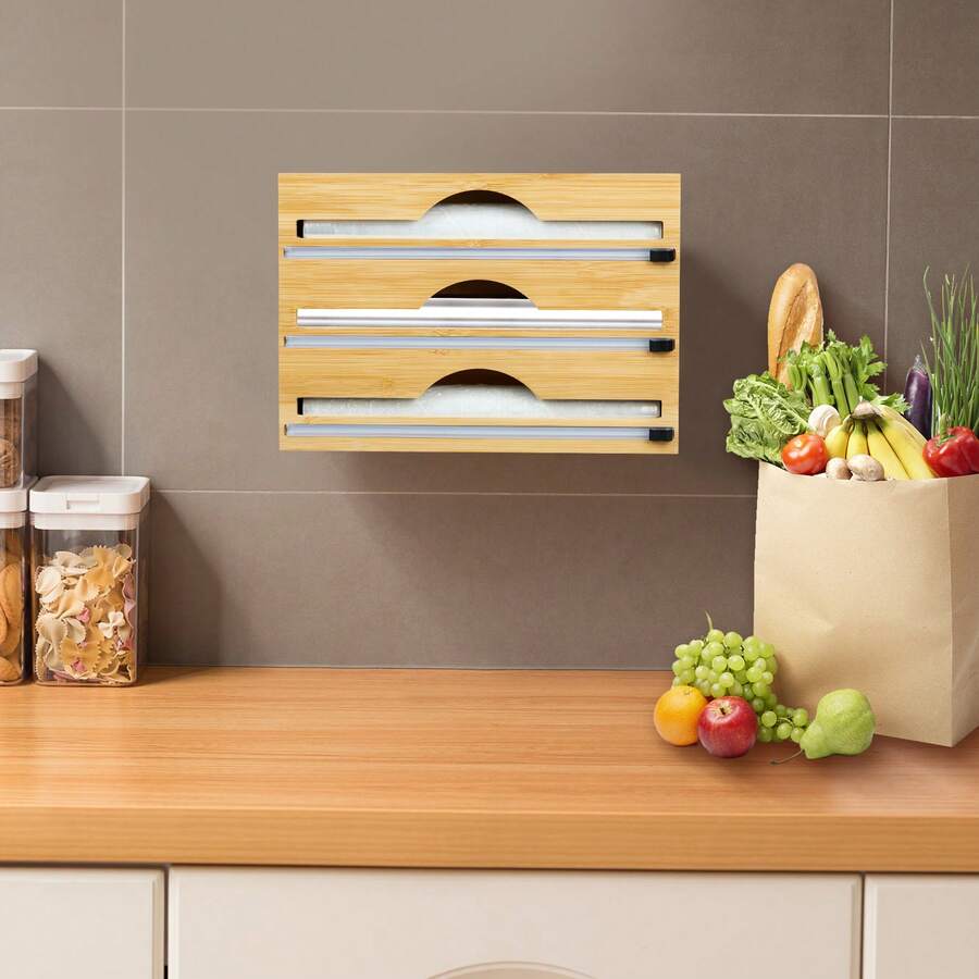 Cling Film Storage Box With Slide Cutter Reusable Parchment Paper Dispenser Multifunctional Kitchen Organizer Household Food Wrap Cutting Storage Tool - Brown - View 1