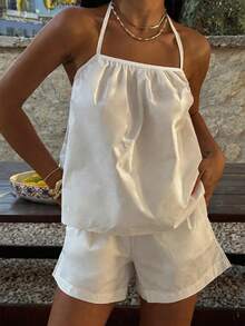 Women's Solid Color Halter Neck Tank Top And Shorts Casual 2-Piece Set White Summer - White - View 6