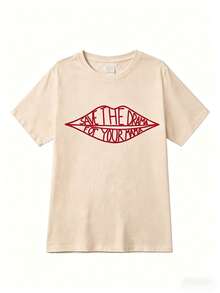 Women White Crew Neck T-Shirt Red Lips Letter Graphic "Save The Drama" Slogan Short Sleeve Casual Y2K Streetwear Cotton Tee - 杏色 - 查看 6