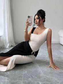 Elenzya Vestido de verano nuevo a rayas sin mangas para mujer, vestido a rayas con hebilla metálica asimétrica en el lateral, estilo europeo y americano ajustado y estilizante con hebilla asimétrica lateral y largo - Albaricoque 2 - Ver 10