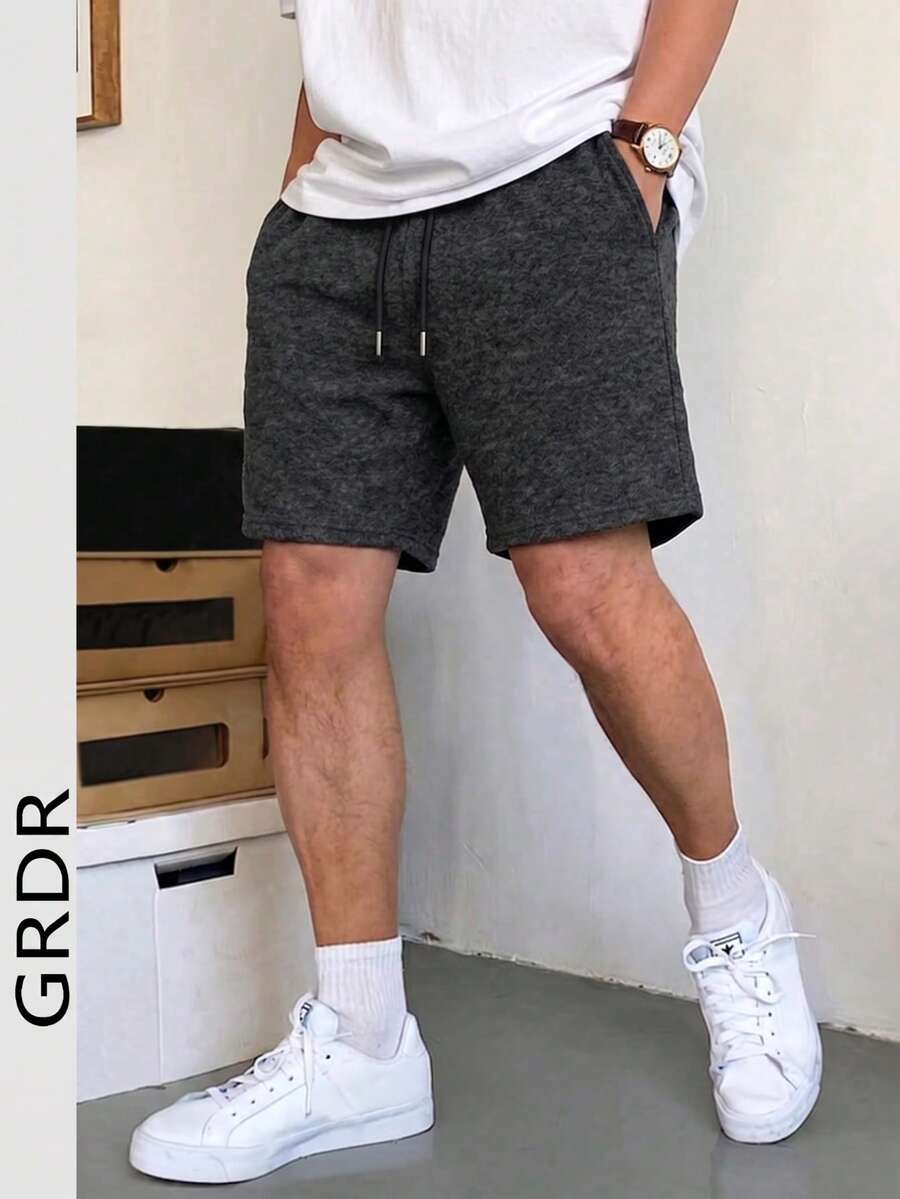 Pantalones cortos casuales de hombre GRDR con cordón, tejido negro lavado y texturizado - Negro - Ver 1