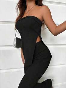 Conjunto de top bandeau y falda larga con abertura alta en color verde sólido para mujer - Negro - Ver 4