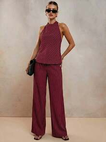 Conjunto de dos piezas elegante de rayas para vacaciones de mujer, primavera/verano - Rojo - Ver 4