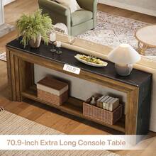 LITTLE TREE 180cm Slim Farmhouse Console Table, 2-Tier Wooden Storage Sofa Table For Hallway & Living Room - Brown - View 1