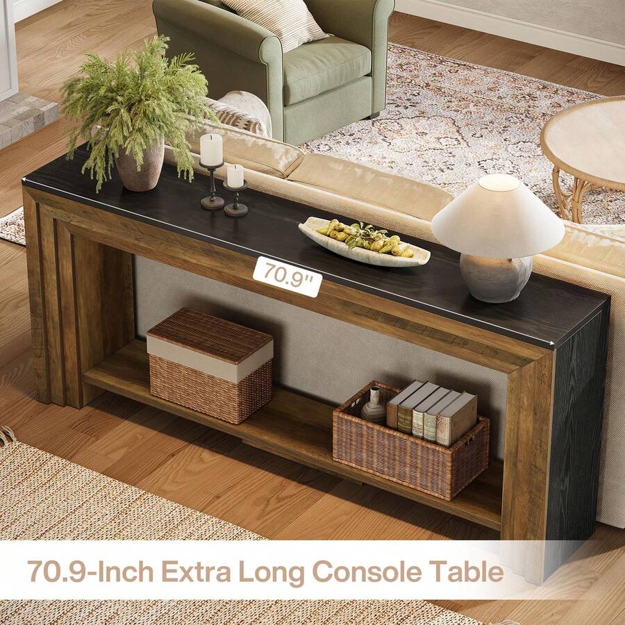 LITTLE TREE 180cm Slim Farmhouse Console Table, 2-Tier Wooden Storage Sofa Table For Hallway & Living Room - Brown - View 1