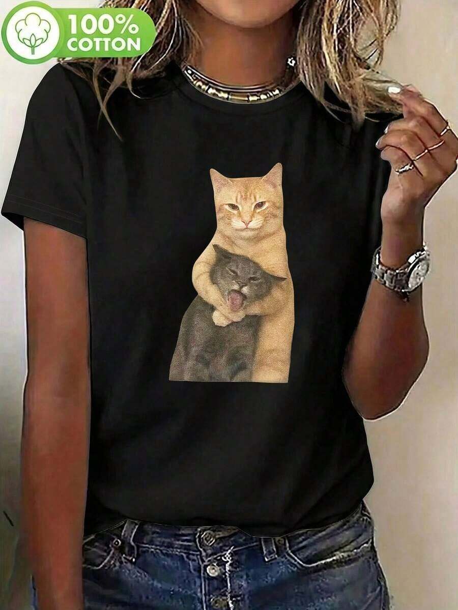 Camiseta de manga corta con estampado divertido de gato 100% algodón, diseño único de lote pequeño, camiseta casual para mujer, tela suave, cómoda camiseta de cuello redondo, camiseta negra retro, ropa de mujer, para usar en primavera/verano-Vintage Street Style Unisexoose Cotton Short Sleeve Crew Neck T-Shirt - Negro 3 - Ver 1
