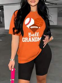 Plus Size Solid Color Short Sleeve Top & Shorts Two Piece Set Ball Grandma Baseball Basketball Football - Orange - View 1