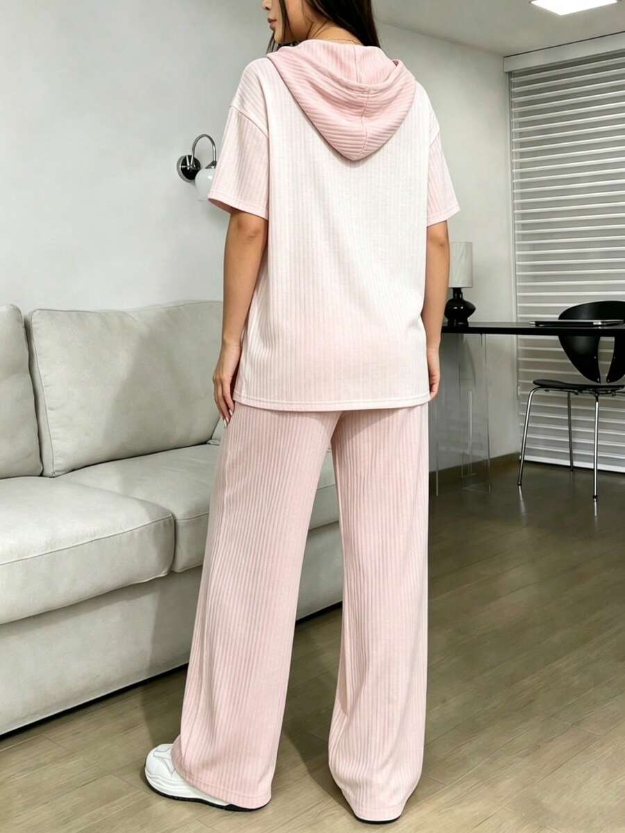 Conjunto De Top Corto De Manga Larga Y Pantalón Para Mujer Con Diseño De Bloques De Color - Rosa Pálido - Ver 1