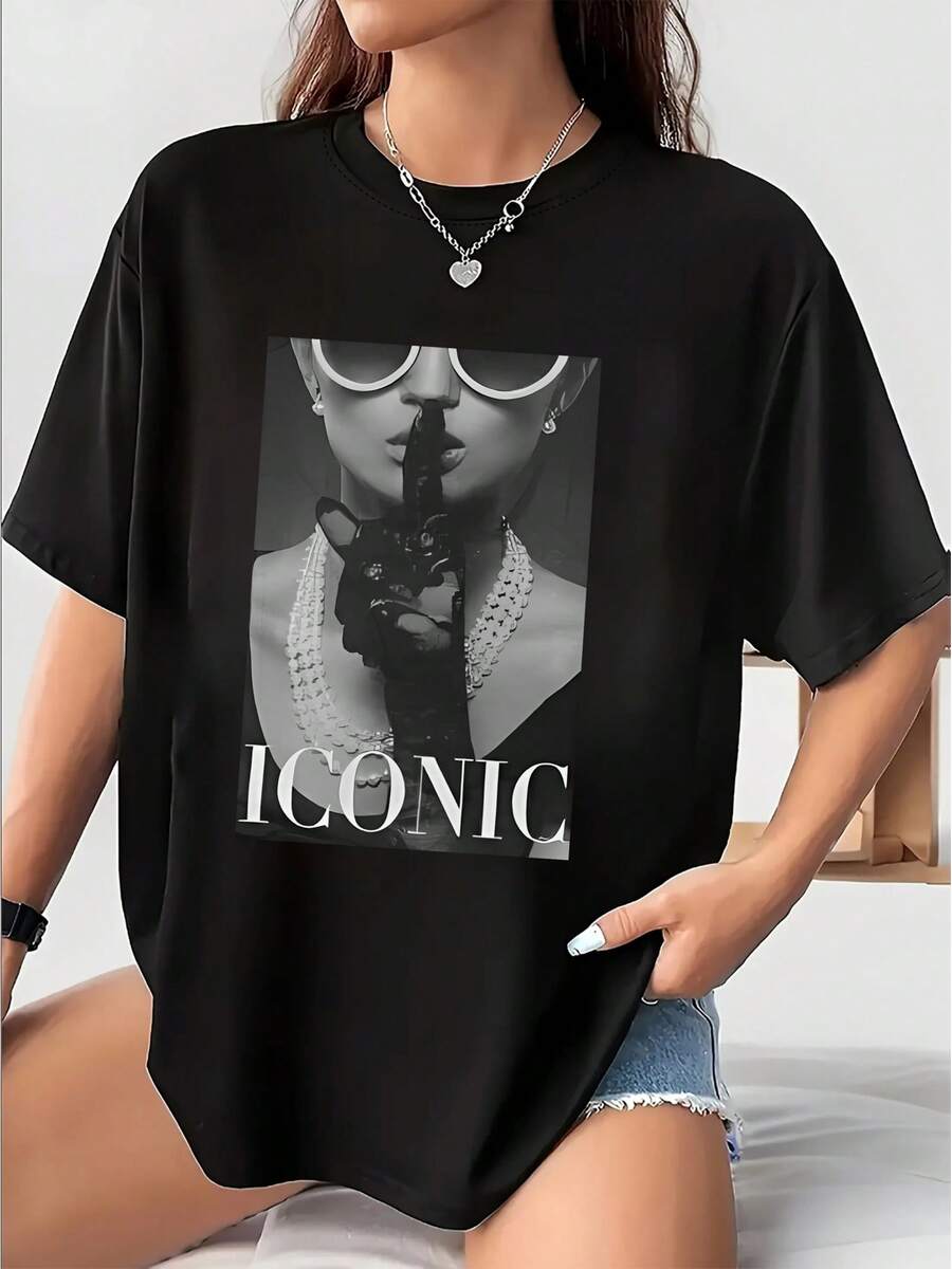 Stylish Women's T-Shirt With A Retro Design Featuring 'Fashion Portrait' And 'ICONIC' Lettering, Made From 100% Soft Fabric. | Crew Neck | Short Sleeves | Slightly Stretchy | Suitable For All Seasons | Fashionable | Shirt | Warm | Top | Minimal - Black - View 1
