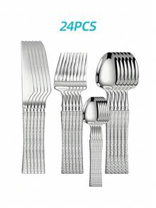 Bộ dao nĩa bằng thép không gỉ 4/16/24/40 món, bao gồm dao cắt thịt, nĩa, thìa, thích hợp cho nhà bếp, phòng ăn, đám cưới, tiệc tùng, quà tặng. - - - Xem 11
