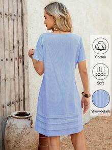Vestido casual recto de unicolor, cuello redondo, manga corta para mujer, de verano - Azul marino - Ver 2