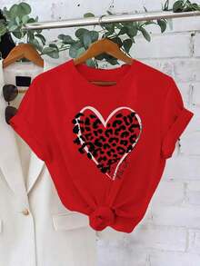 Gift | 1 Women's T-Shirt 100% Breathable Cotton | Elegant Summer T-Shirt For Women - Vibrant Purple Leopard Print With Heart Design, Casual Crew Neck, Short Sleeve, Lightweight Polyester, Perfect For Casual Outfits, Leopard Print Blouse - Ideal For Summer - 紅色的 - 查看 6