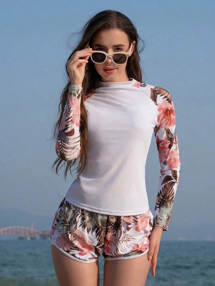 Swim SPRTY Rashguard de manga raglán con estampado tropical para playa de verano - Multicolor 3 - Ver 1