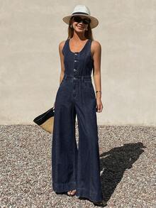 Mono vaquero de pierna recta holgado con tirantes ajustables y sin mangas para mujer, para el verano - Azul lavado oscuro - Ver 6