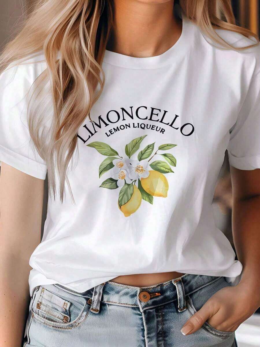 Graphic Print Short Sleeve T-Shirt, Casual Short Sleeve Top With Round Neck, Women's Summer Clothing T-Shirt. - 白色 - 查看 1