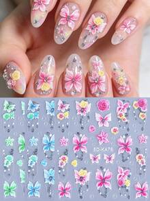 5D Butterfly Rose Rhinestone Nail Stickers 3pcs Gradient Rose Red Blue Green Hibiscus Flower Petal Clear Rhinestone Gem Jewelry Chain Embossed Manicure Tips Design DIY Y2K Spring Summer Self-Adhesive Decal Slider Salon Nail Decoration Nail Supplies - Multicolor - View 11