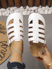 Women's White Crocodile Embossed Hollow Out Breathable Flat Mule Sandals With Adjustable Buckle, Casual Fashion Bohemian Style, Versatile For Daily Wear, Vacation, Beach, Summer New Style, Random Pattern - White Crocodile Pattern - View 2