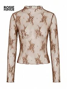 ROSIE POPHUB Women's Light Brown Sheer Lace Blouse, Elegant For Parties And Holidays, Fitted Silhouette, Layered Design, New Spring/Summer Collection - Brown - View 5