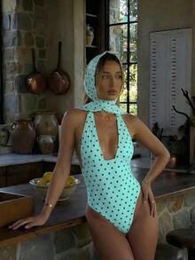 Traje de baño de dos piezas de mujer con lunares sexy, diseño retorcido y asimétrico con espalda descubierta de gasa, traje de baño de una pieza para vacaciones en la playa en verano - verde menta - Ver 1
