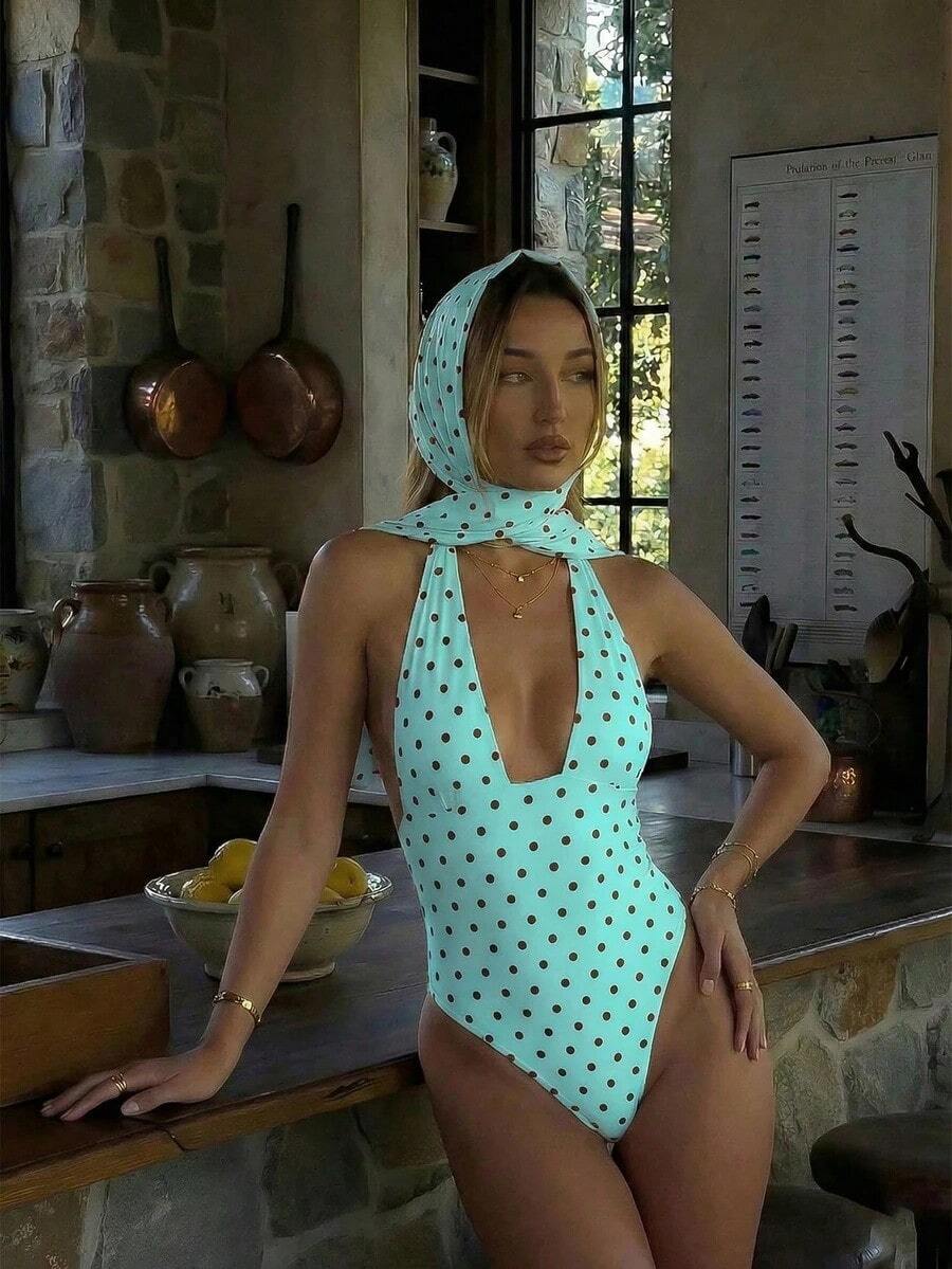 Traje de baño de dos piezas de mujer con lunares sexy, diseño retorcido y asimétrico con espalda descubierta de gasa, traje de baño de una pieza para vacaciones en la playa en verano - verde menta - Ver 1