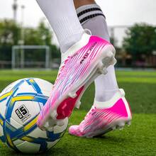Tacos de fútbol profesionales de colores brillantes, estilo de cordones de caña baja, adecuados para partidos y entrenamientos en césped artificial/natural - Rosa - Ver 4