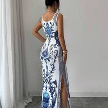 Elenzya Exquisite Printed Chinoiserie Waist-Cinching Slit Luxurious Retro Middle Eastern UAE Style Robe, Tight Fit, Multi-Color, Sleeveless, High-Quality Material Luxury Dresses For Women Best Selling Dresses Club Outfits For Women Dress Long Dresses For Women Bodycon Bodycon Dress Women - Multicolor - Ver 3