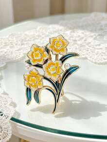 1 pieza Broche de esmalte con narciso, broche floral con decoración de perla vintage, elegante alfiler de solapa para mujer, accesorio de traje/bufanda/abrigo, elegante alfiler de corsage para fiesta/oficina - Multicolor - Ver 5