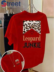 Women's Vintage Double-Sided Print T-Shirt, Casual Summer Style With Round Neck And Short Sleeves, Fashionable Printed T-Shirt, With Leopard Print "Leopard" With Hearts And Letters, Loose And Slimming Cut, Sweet And Fresh Outfit For Fashionable Girls. - 紅色 - 查看 12