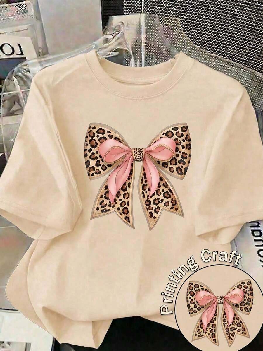 New Short-Sleeved Crew Neck T-Shirt For Women, Spring-Summer Design, Perfectly Combining A Modern And Minimalist Butterfly Knot With English Letter Prints, Breathable And Sweat-Wicking. Direct Shipping From Our Local Warehouse, A Couples' Style, Ideal For Couples To Wear Together. -- Loose, Comfortable, Breathable. - 杏 - 查看 1