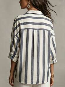 Women's Blue And White Striped Button-Down Shirt, Long Sleeve V-Neck Loose Casual Blouse, Lightweight Textured Top, Suitable For Spring/Autumn Daily Wear, Office Commute And Street Style - Blue-gray - View 1