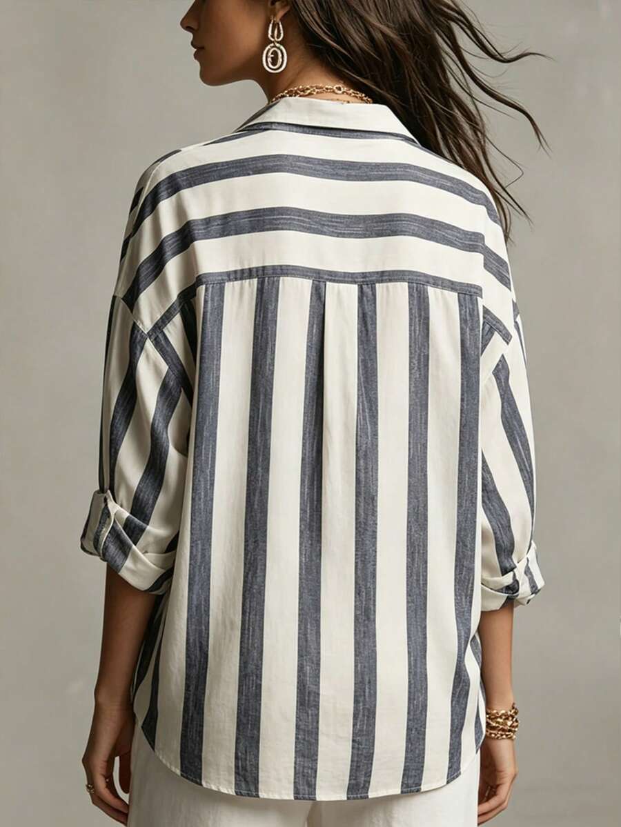 Women's Blue And White Striped Button-Down Shirt, Long Sleeve V-Neck Loose Casual Blouse, Lightweight Textured Top, Suitable For Spring/Autumn Daily Wear, Office Commute And Street Style - Blue-gray - View 1