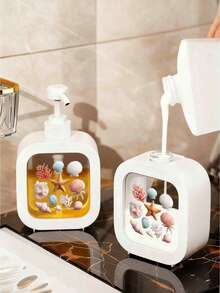 Creative Press-Type Bathroom Dispenser Bottle - Featuring Ocean Creature Art Design, Blending Blue-Green Starfish, Shell And Pebble Elements, Suitable For Bathroom, Kitchen And Sink Decor; Perfect For Holding Soap Liquid, Hand Wash Or Body Wash. - Multicolor - View 9