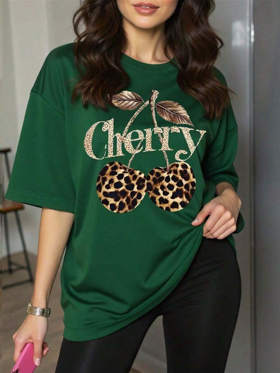 Plus Size Women's Short-Sleeved Blouse With Round Neck And Leopard And Cherry Print - 墨綠色 - 查看 1