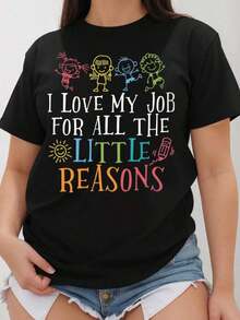 1 Piece Teacher's Day Print T-Shirt, Short Sleeve, Round Neck, Plus Size Casual Top, For Summer And Spring, Women's Clothing, Graphic Tees, Women's Tops, 180g, 100% Cotton. - 黑色 - 查看 1