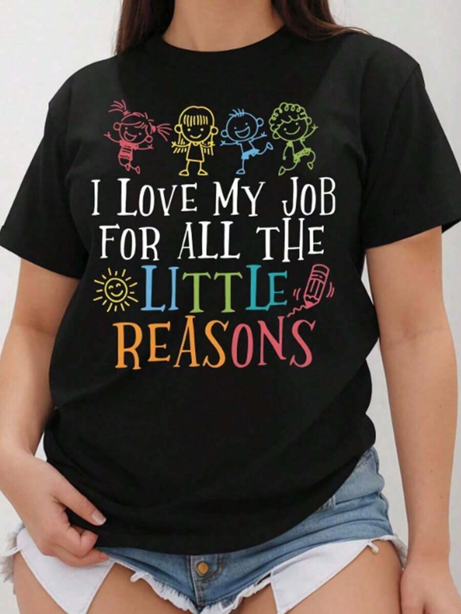 1 Piece Teacher's Day Print T-Shirt, Short Sleeve, Round Neck, Plus Size Casual Top, For Summer And Spring, Women's Clothing, Graphic Tees, Women's Tops, 180g, 100% Cotton. - 黑色 - 查看 1