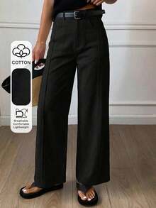Pantalones holgados con vuelo y bolsillos para mujer, pantalones casuales de unicolor estilo callejero para otoño - Negro - Ver 7
