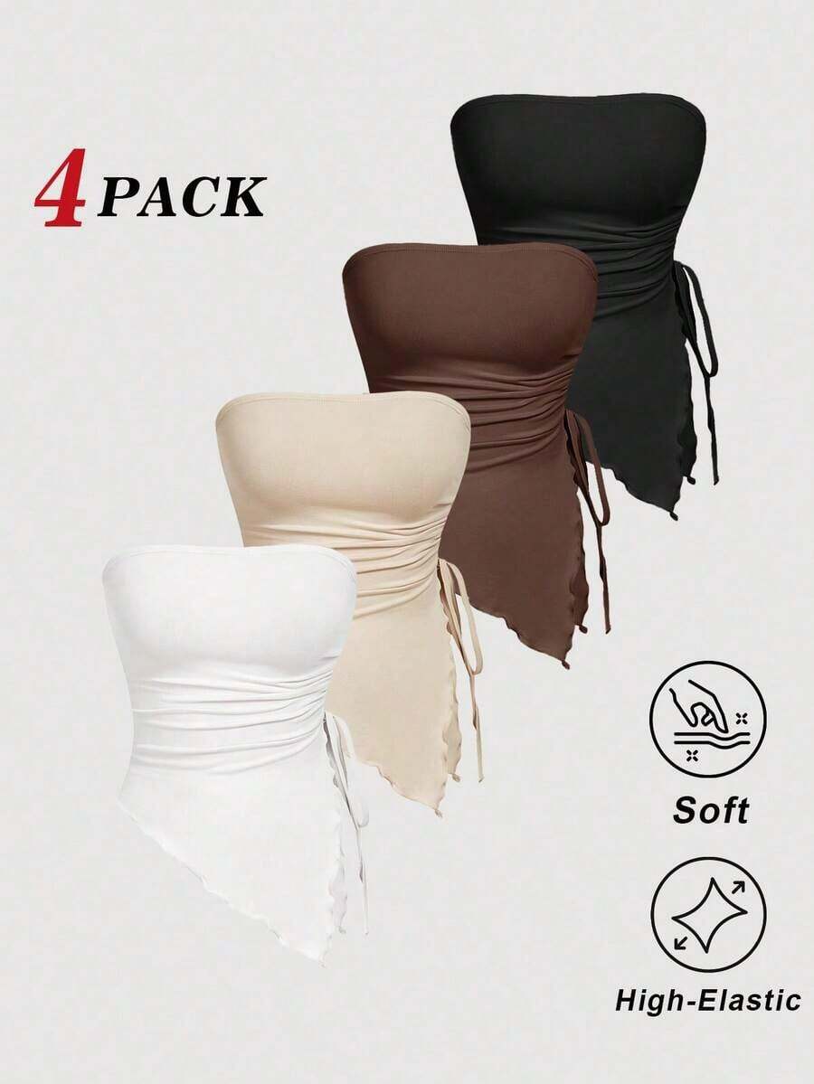 Top bustier de múltiples piezas con pliegues en la cintura atados a los lados, top tubo con estampado retro, top de primavera, top para salir, tops sexy, top de graduación, tops lindos, tops sin tirantes, paquete de 4 tops tubo, para fiesta, cas - Multicolor 2 - Ver 1