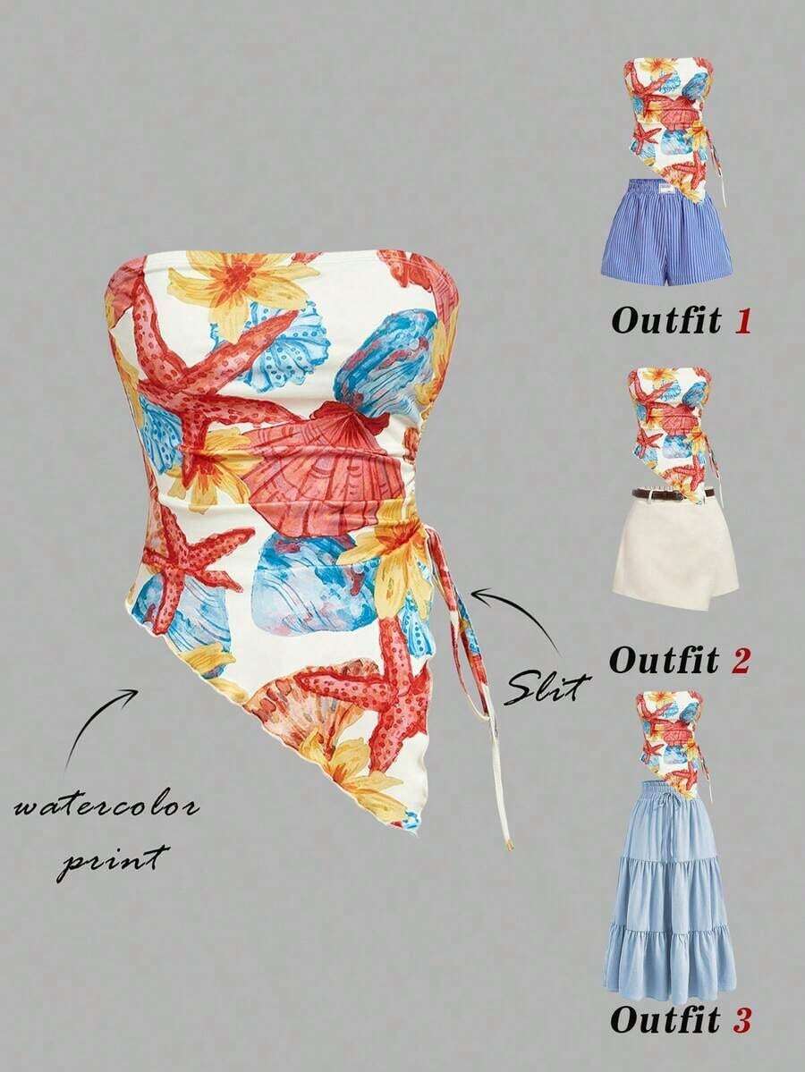 Top bustier de múltiples piezas con pliegues en la cintura atados a los lados, top tubo con estampado retro, top de primavera, top para salir, tops sexy, top de graduación, tops lindos, tops sin tirantes, paquete de 4 tops tubo, para fiesta, cas - Multicolor 4 - Ver 1