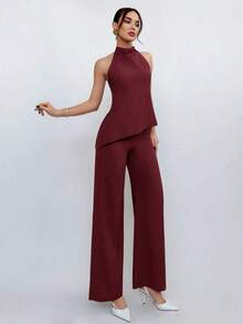 Conjunto de top halter y pantalones de color café claro, estilo sencillo para ir al trabajo - Burdeos - Ver 4