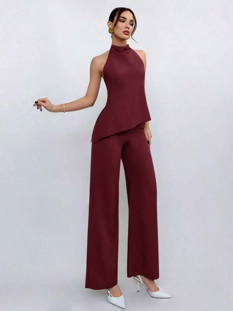 Halter Top And Light Brown Pants Set, Simple Style For Going To Work - Beige - View 4