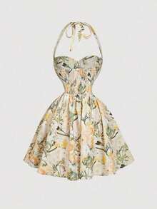 de mujer con estampado floral romántico de cuello halter - Amarillo - Ver 2