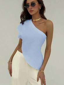 Blusa de cuello asymmétrico de unicolor para mujer, de moda para el verano - Azul - Ver 6