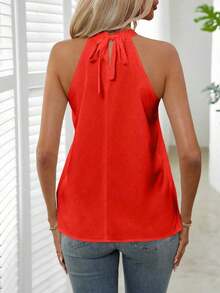 Blusa plisada de unicolor, versátil y casual para uso diario - Rojo - Ver 2