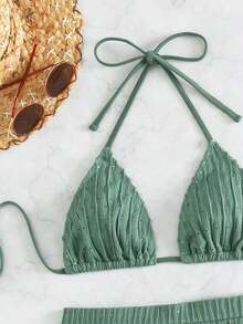2 piezas Conjunto de bikini de unicolor con textura, tipo halter, adecuado para vacaciones de verano en la playa - Verde Oliva - Ver 6