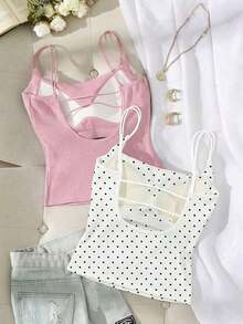 Paquete de 2 tops de camiseta acanalada con sujetador acolchado incorporado - Rosa y Negro/Lunares blancos, tops versátiles casuales para verano y uso en todas las estaciones, estilos suaves y limpios para chica, perfectos para el hogar, la escuela - Negro 4 - Ver 2