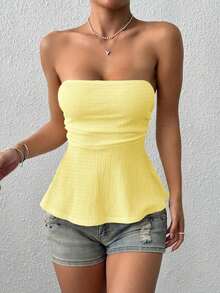 Camiseta de tirantes elegante de estilo francés de punto color albaricoque para mujer, adecuada para citas y vacaciones - Amarillo - Ver 4