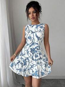 Vestido mini elegante de estilo bohemio con estampado floral, sin mangas y cintura ceñida para mujeres, conjunto de verano con acabado tejido al estilo francés para graduaciones, primavera/verano - Celeste - Ver 5