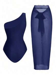 Swim Oasis Traje de baño de una pieza con panel de malla fruncida de unicolor y falda pareo - Azul marino - Ver 2