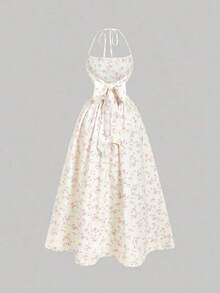 Vestido de mujer con estampado floral y cuello halter con lazo, de moda para citas y fiestas - Amarillo 2 - Ver 1